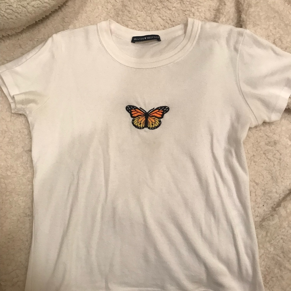 brandy Melville white women’s embroidered butterfly T-shirt gently used